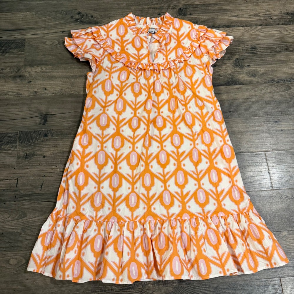 CK Bradley Silla Dress Larkin Orange White Cotton Ruffle Shift XL 772COTTON NWT